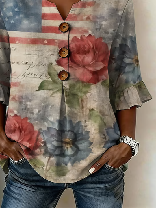 Women's Half Sleeve Blouse Summer As Picture Floral Printing V Neck Daily Going Out Vintage Top