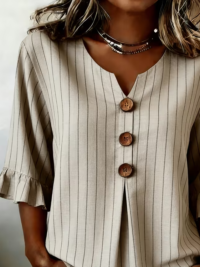Women's Half Sleeve Blouse Summer Khaki Striped Printing V Neck Daily Going Out Vintage Top