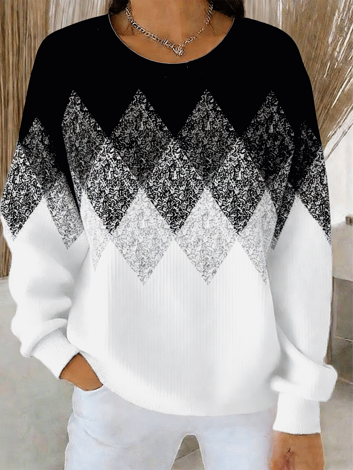 Gradient Pattern Cotton-Blend Casual Crew Neck Sweatshirt