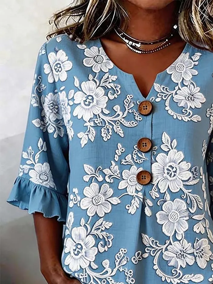 Women's Half Sleeve Blouse Summer Blue Floral Printing V Neck Daily Going Out Vintage Top