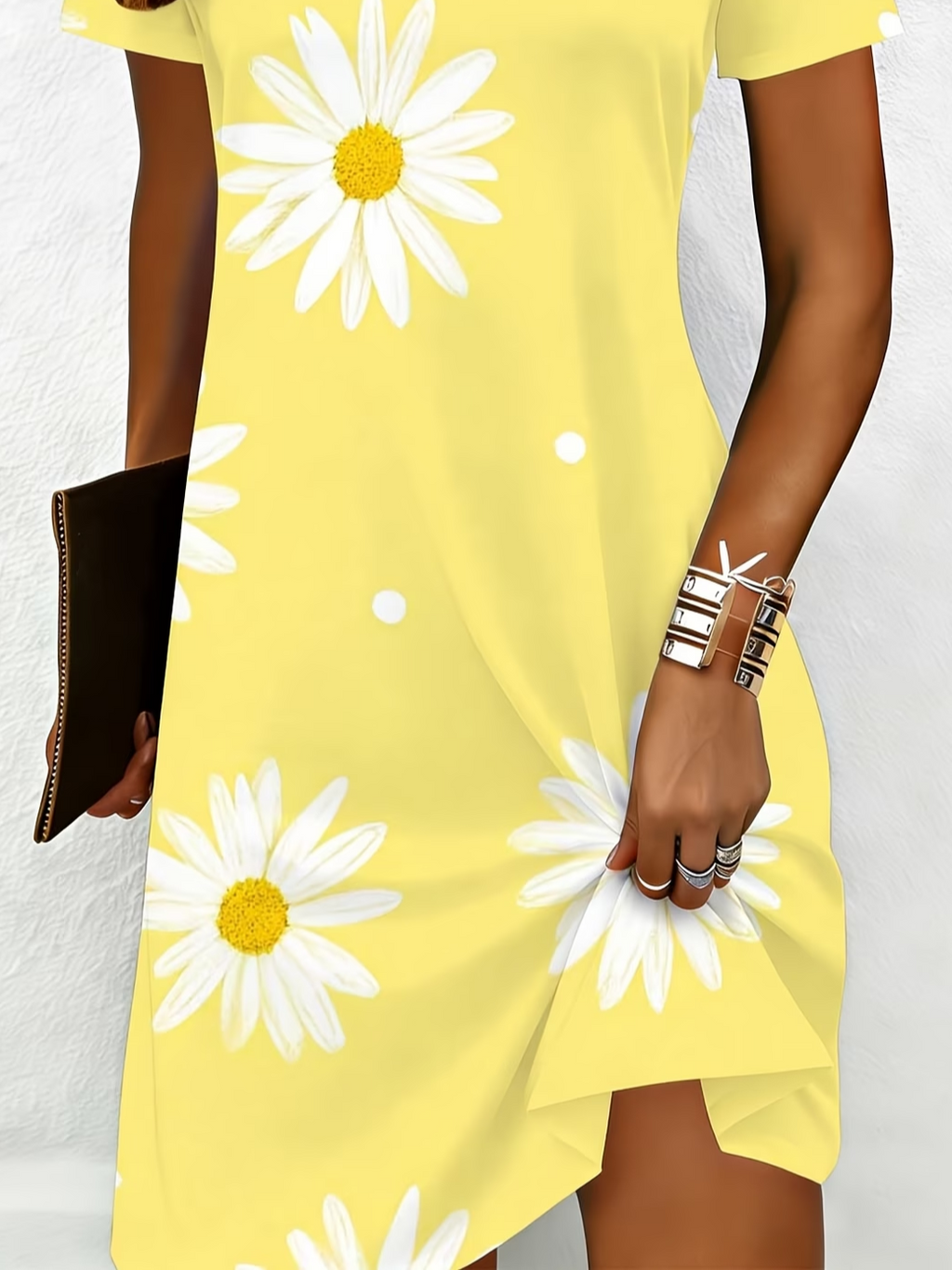 Women's Short Sleeve Summer Yellow Floral Printing Crew Neck Daily Going Out Casual Midi A-Line T-Shirt Dress Dress