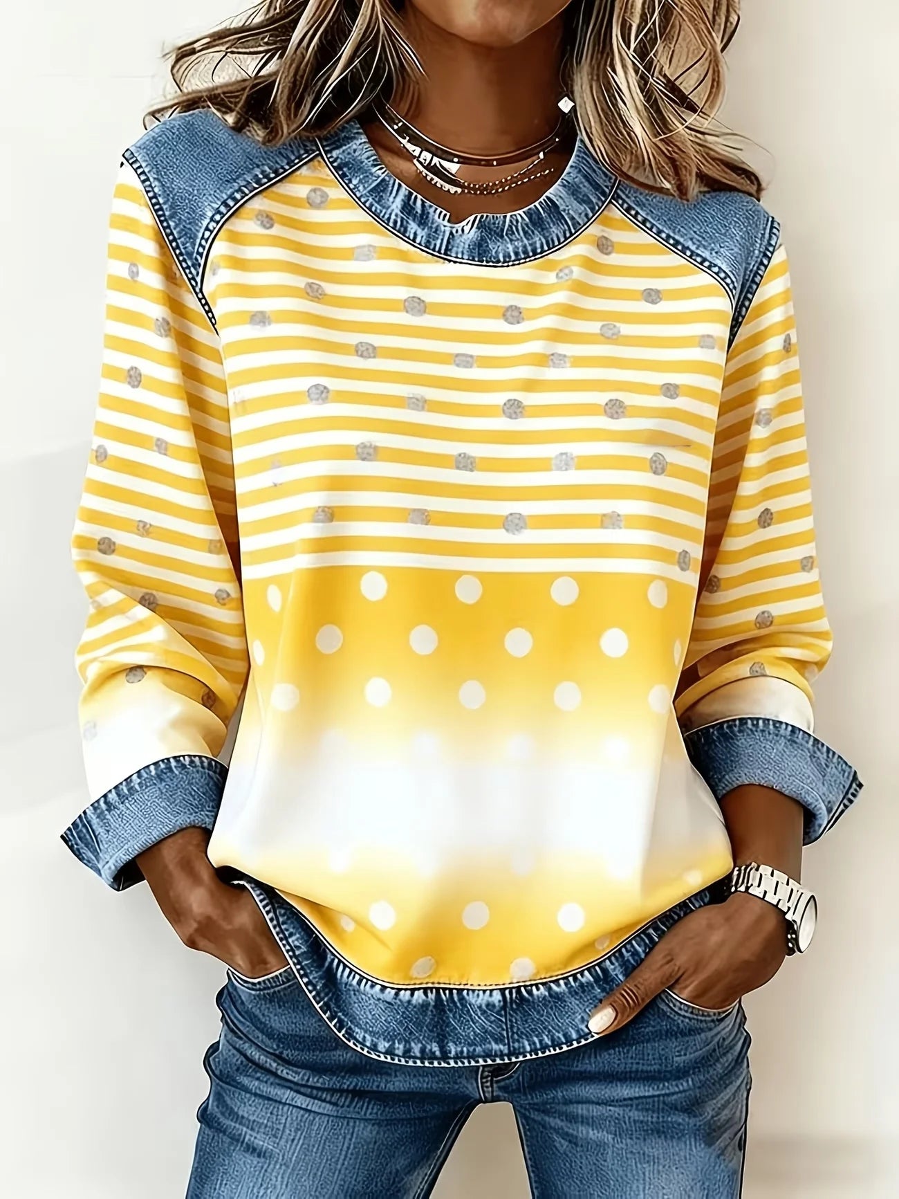 Women's Abstract Stripes Print Patchwork Denim Crewneck Long-Sleeved Sweatshirt