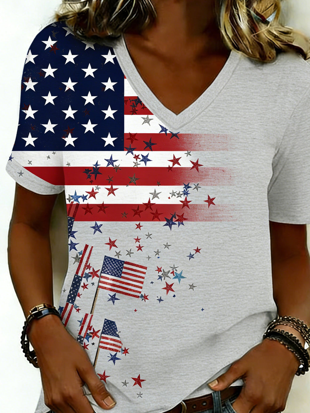 Women's 250th Anniversary Of The Founding Of the United States Short Sleeve V Neck 3D Printing Star America Flag Daily Going Out Casual T-Shirt