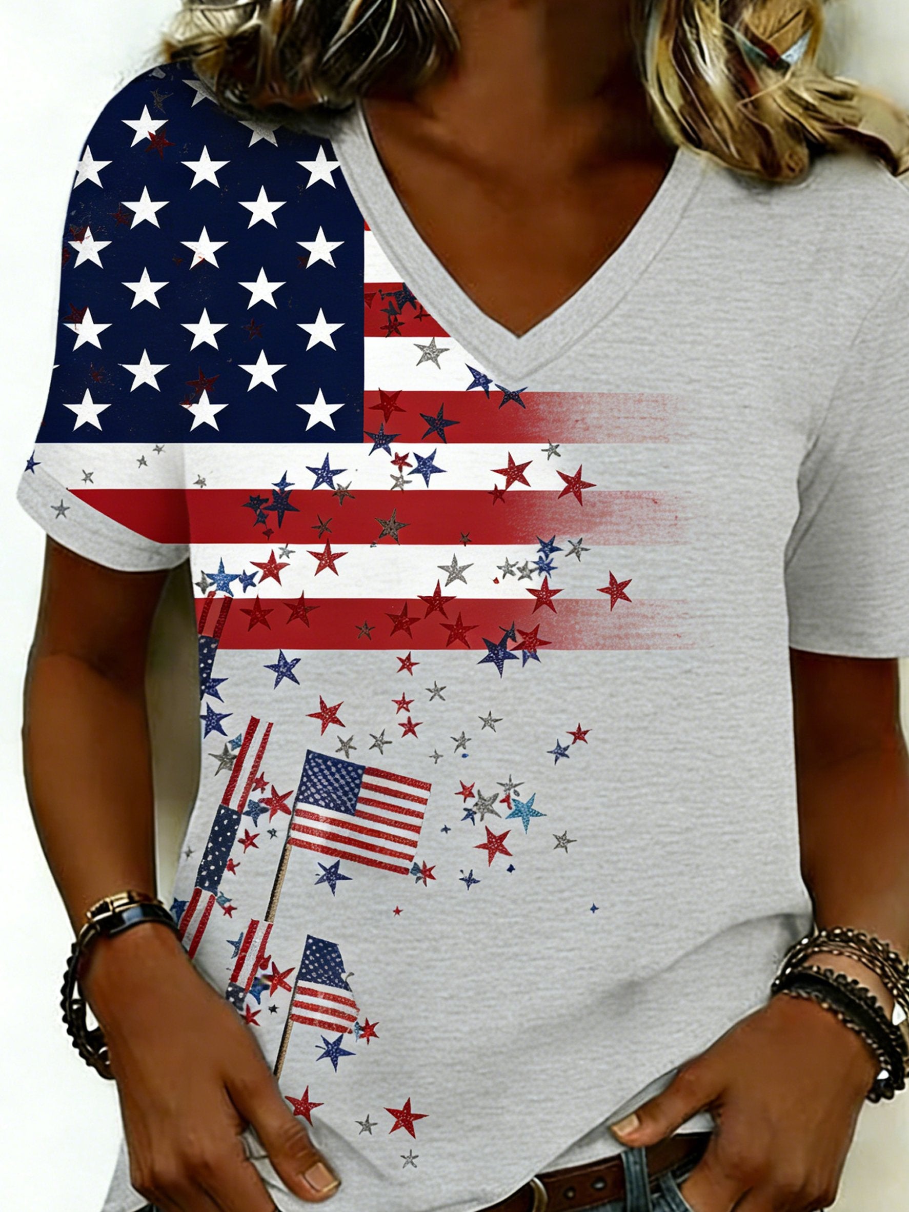 Women's 250th Anniversary Of The Founding Of the United States Short Sleeve V Neck 3D Printing Star America Flag Daily Going Out Casual T-Shirt