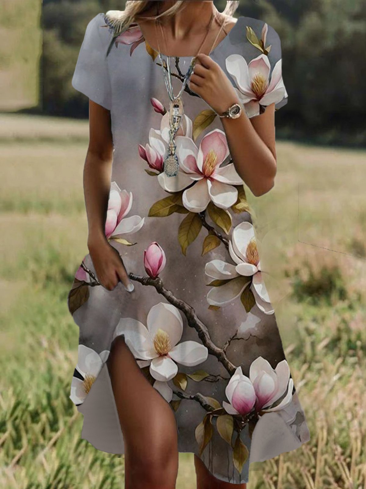 Floral Print Short Sleeve Crew Neck Dress