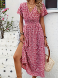 Floral Printed V Neck Short Sleeve Smock Detail Spring Summer Casual Maxi Dress