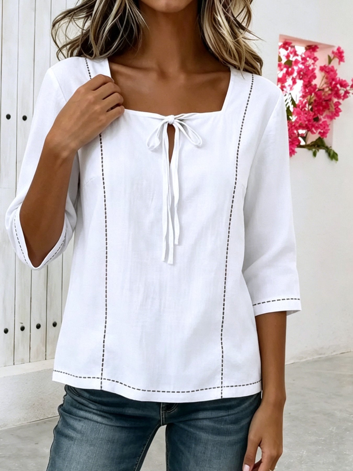 Plain Square Neck Loose Vintage Blouse