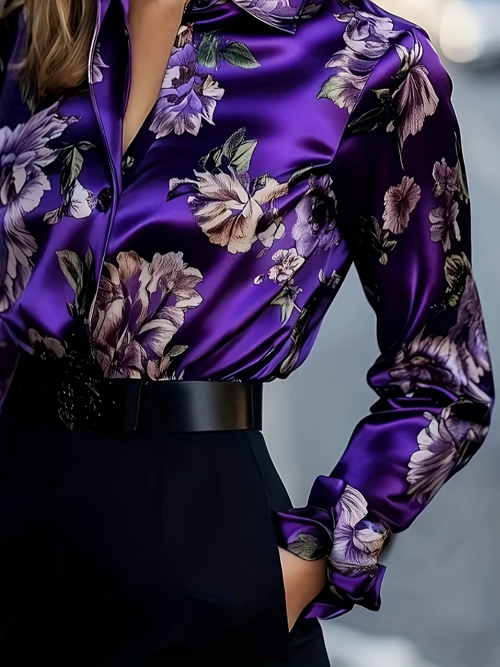 Women's Long Sleeve Shirt Spring/Fall Purple Floral Shawl Collar Daily Going Out Casual Top