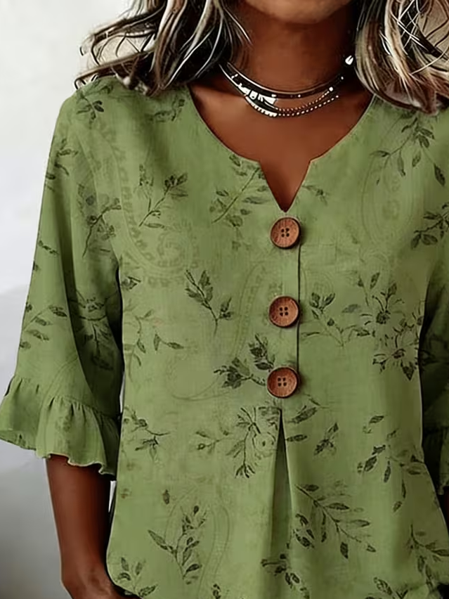 Women's Half Sleeve Blouse Summer Green Floral Printing V Neck Daily Going Out Vintage Top