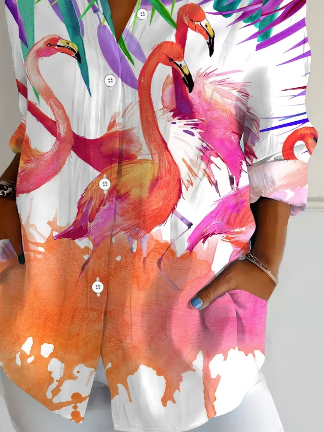 Women's Long Sleeve Shirt Spring/Fall As Picture Flamingo Buckle Shirt Collar Regular Sleeve Daily Going Out Casual Top