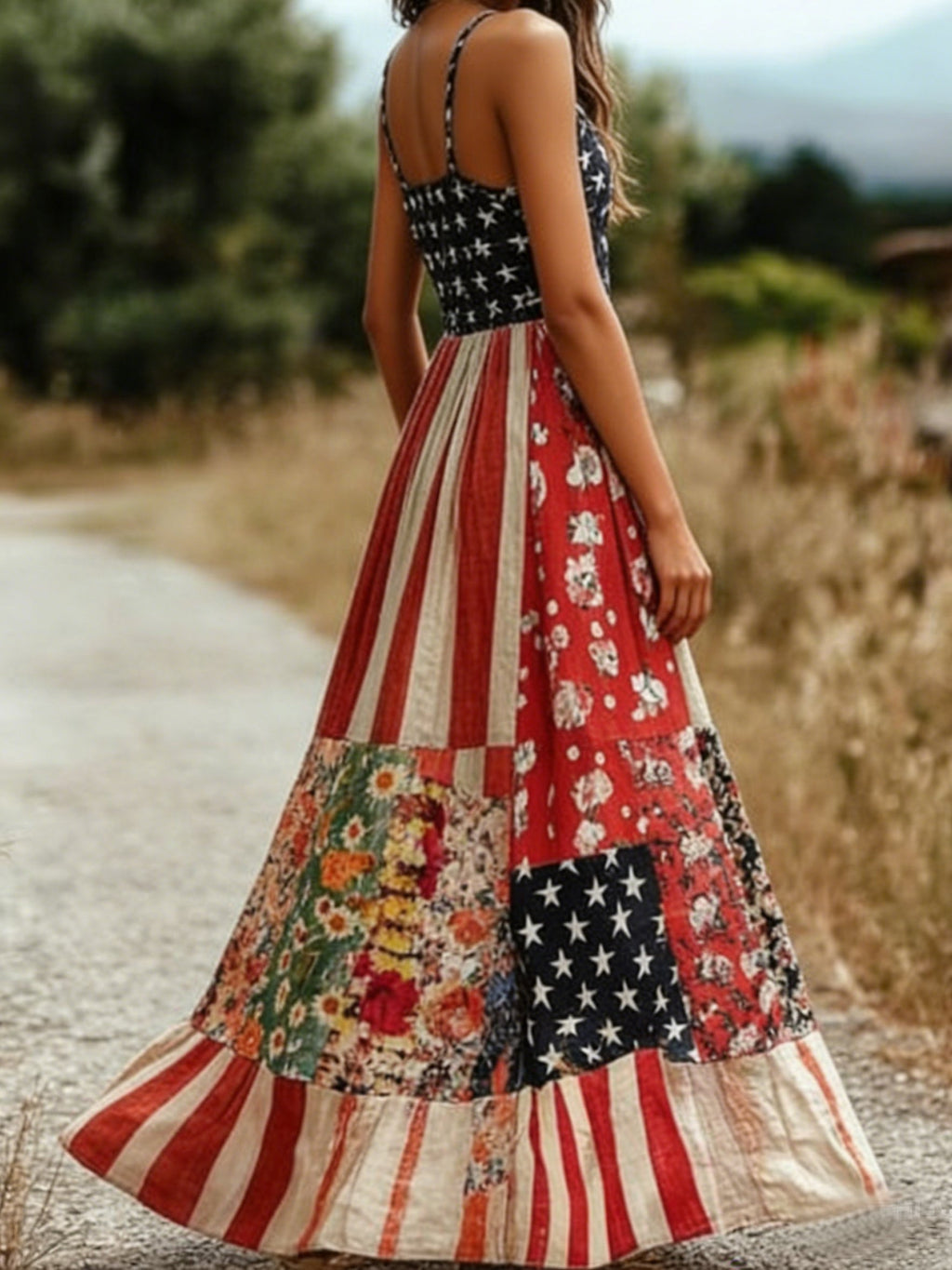 Women Floral America Flag Summer Dress V Neck Sleeveless A-Line Dress