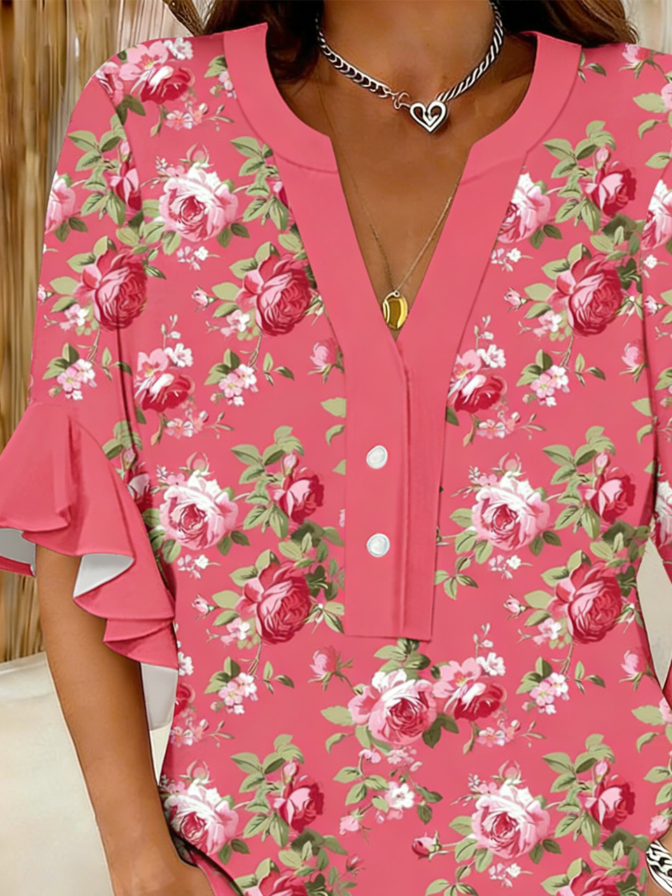 V Neck Vintage Loose Botanical Pattern Shirt