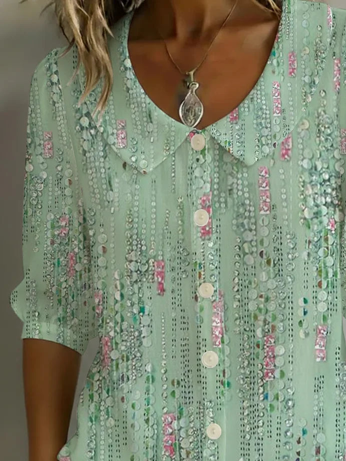 Women's Half Sleeve Shirt Summer Green Abstract Printing Shawl Collar Daily Going Out Casual Top