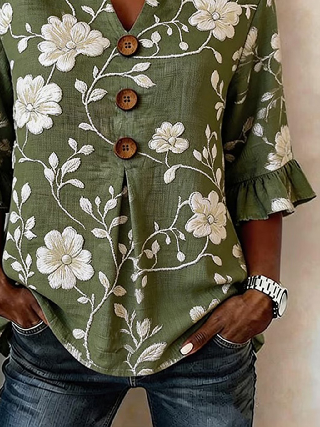 Women's Half Sleeve Blouse Summer Green Floral Printing V Neck Daily Going Out Vintage Top