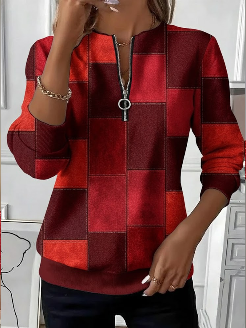 Women's Plaid Print Casual Zipper Long Sleeve Sweatshirt
