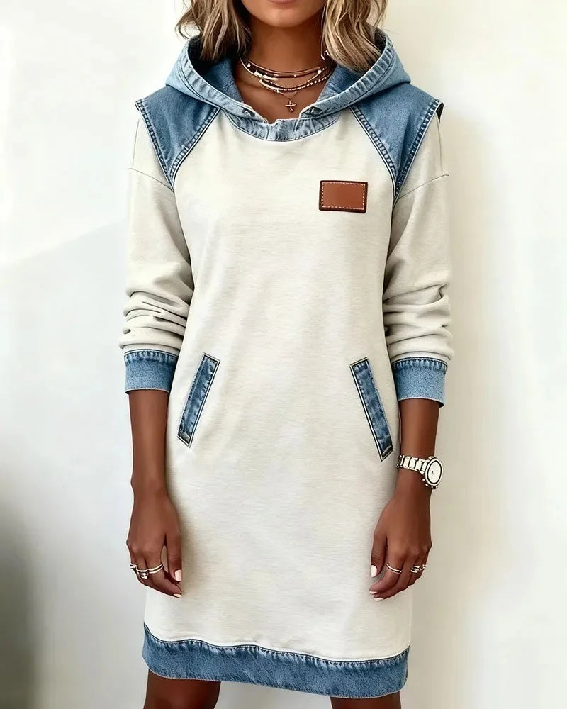 Women’s White Jean Patchwork Long Sleeve Hooded Midi Sweatshirt Dress