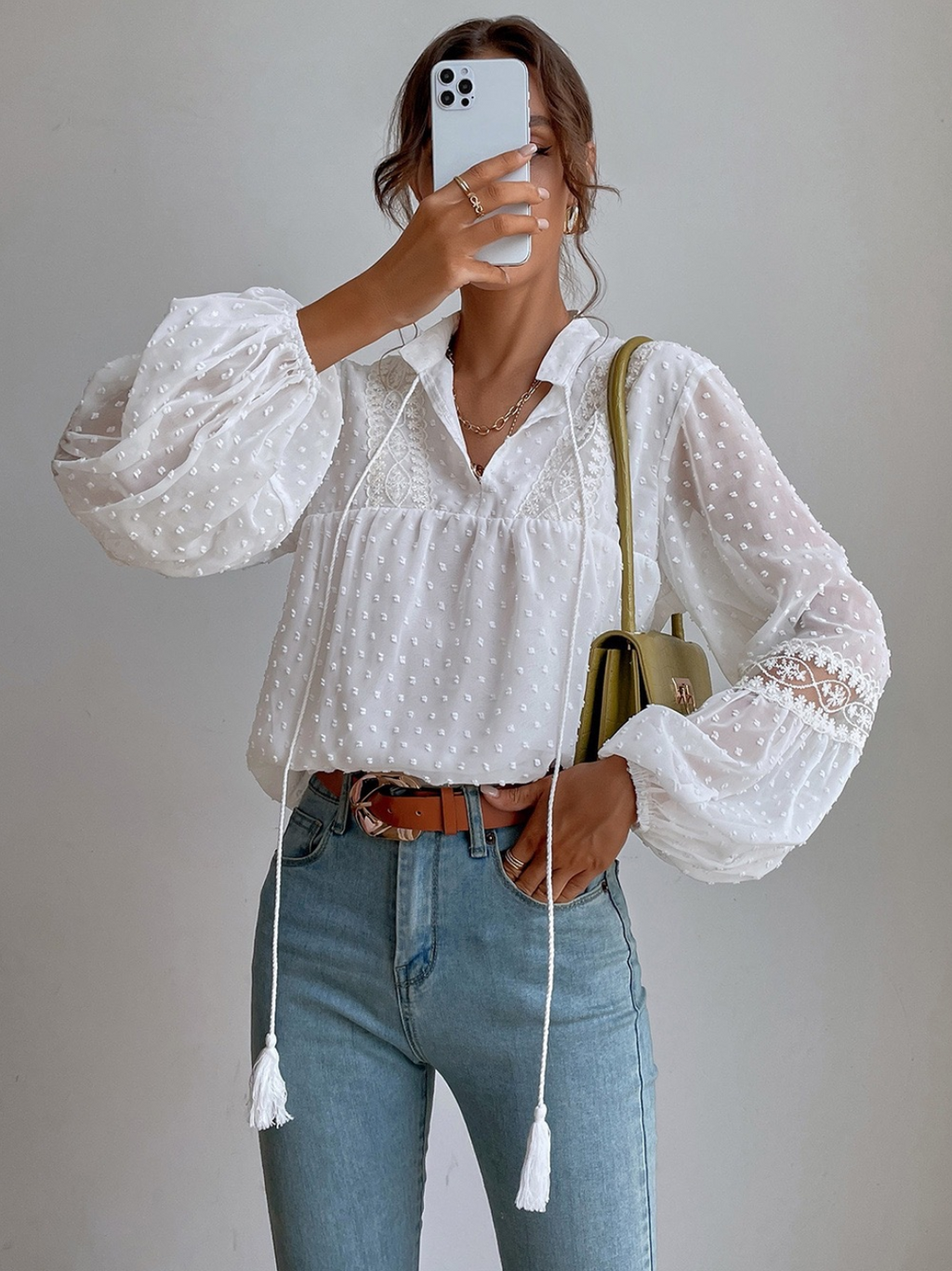 White Elegant Stand Collar Ruffle Tie Lace Casual Blouse