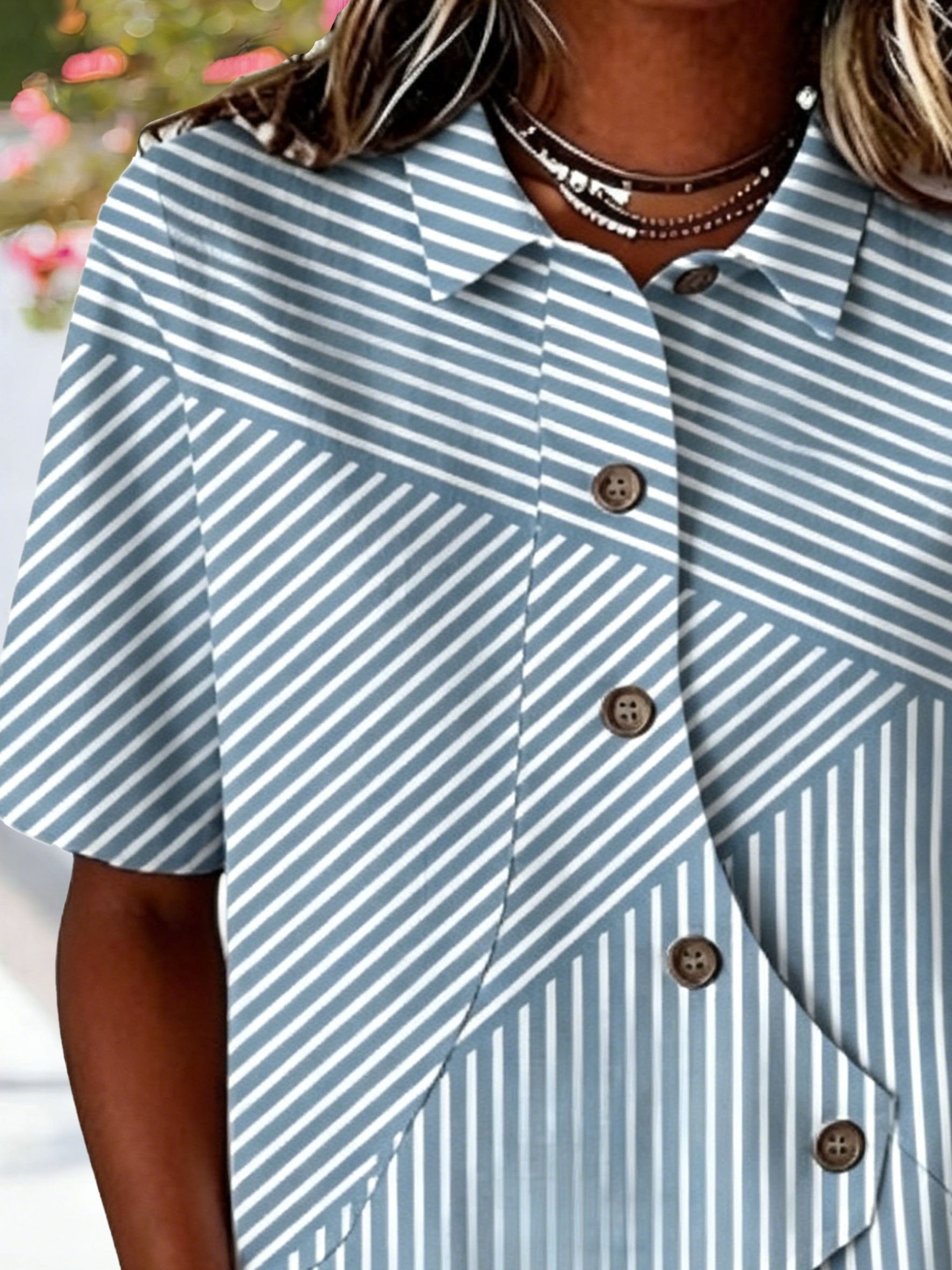 Striped Shawl Collar Short Sleeve Asymmetry Placket Design Button Summer Going Out Casual Shirt