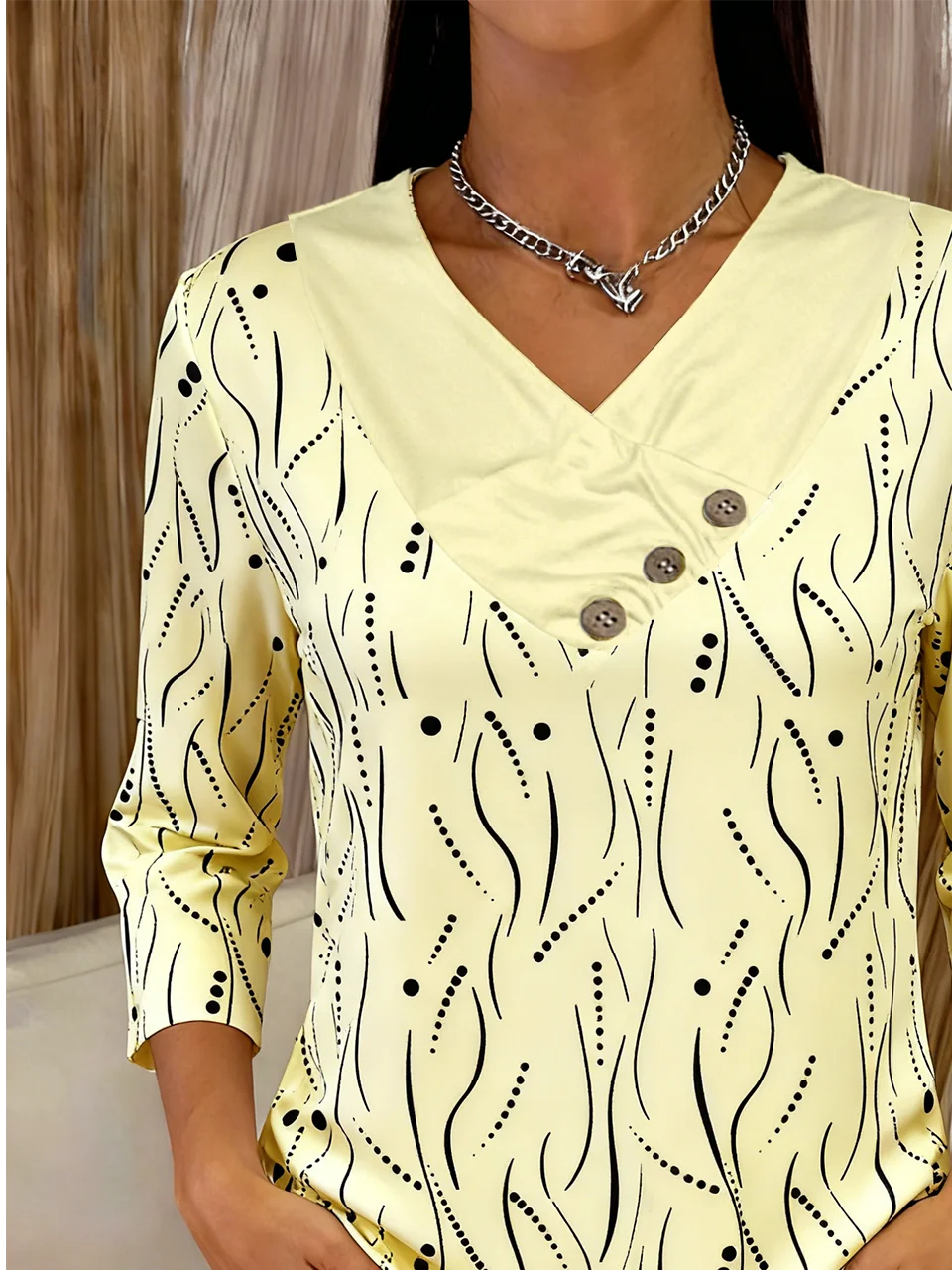 Elegant V Neck Loose Abstract Polka Dots T-Shirt