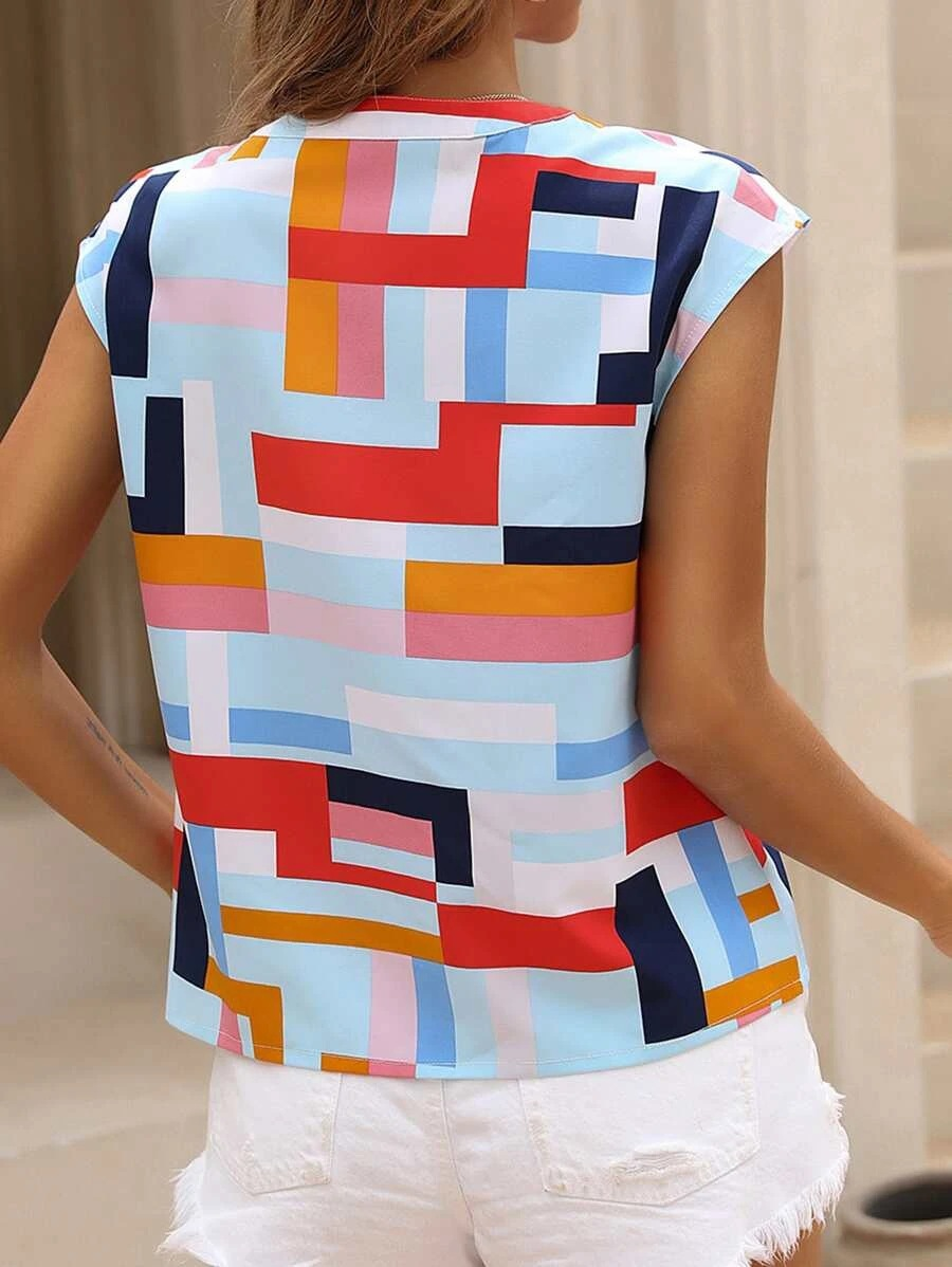 Geometric V Neck Sleeveless Loose Casual Blouse