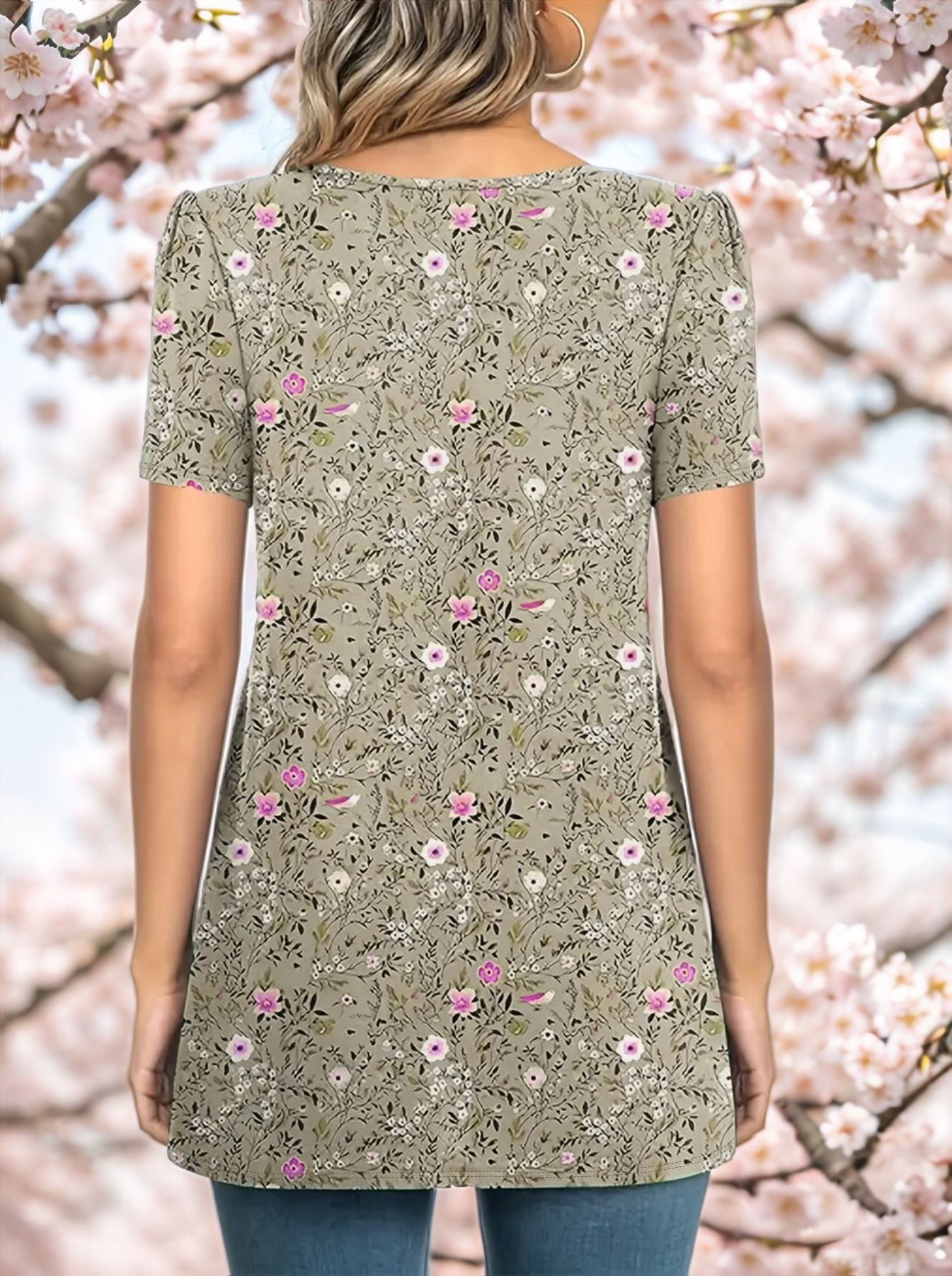Flora Printing Puff Sleeve Crew Neck Going Out Spring Summer Casual Blouse
