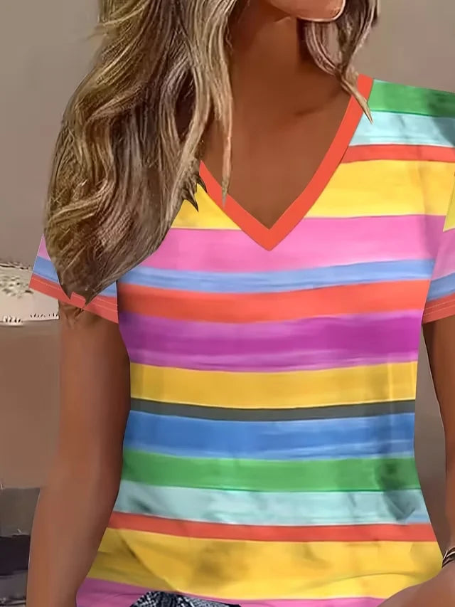 Women's Short Sleeve T-shirt Summer As Picture Striped Printing V Neck Holiday Going Out Vintage Top