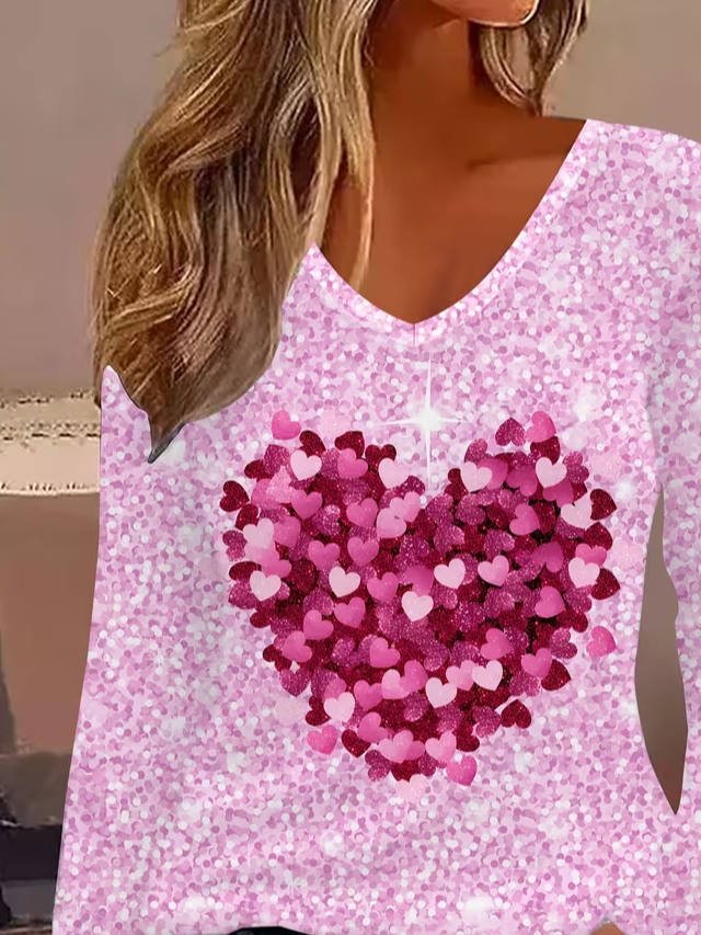 Women's Long Sleeve T-shirt Spring/Fall Pink Heart/Cordate Printing Jersey V Neck Daily Going Out Casual Top