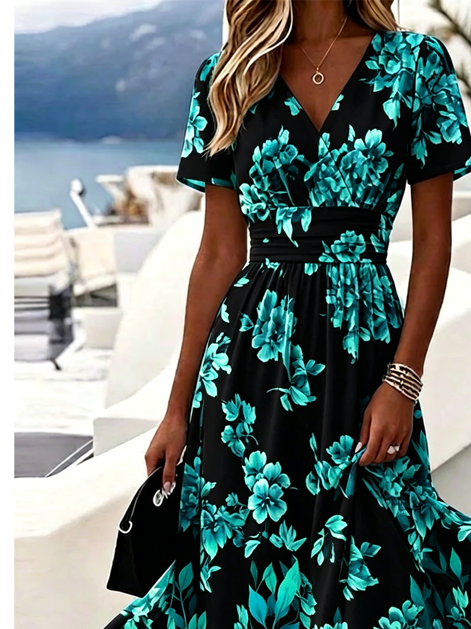 Floral Elegant Regular Fit V Neck Dress With No
