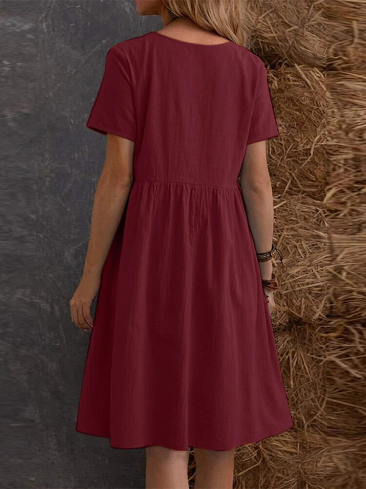Plain Cotton And Linen Casual Round Neck Short Sleeve Pocket A-Line Hem Dress
