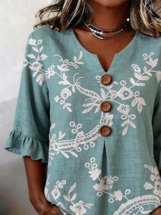 Women's Half Sleeve Blouse Summer Blue Floral Printing V Neck Daily Going Out Vintage Top