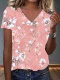 Women's Short Sleeve T-shirt Summer Pink Floral Printing V Neck Holiday Going Out Vintage Top