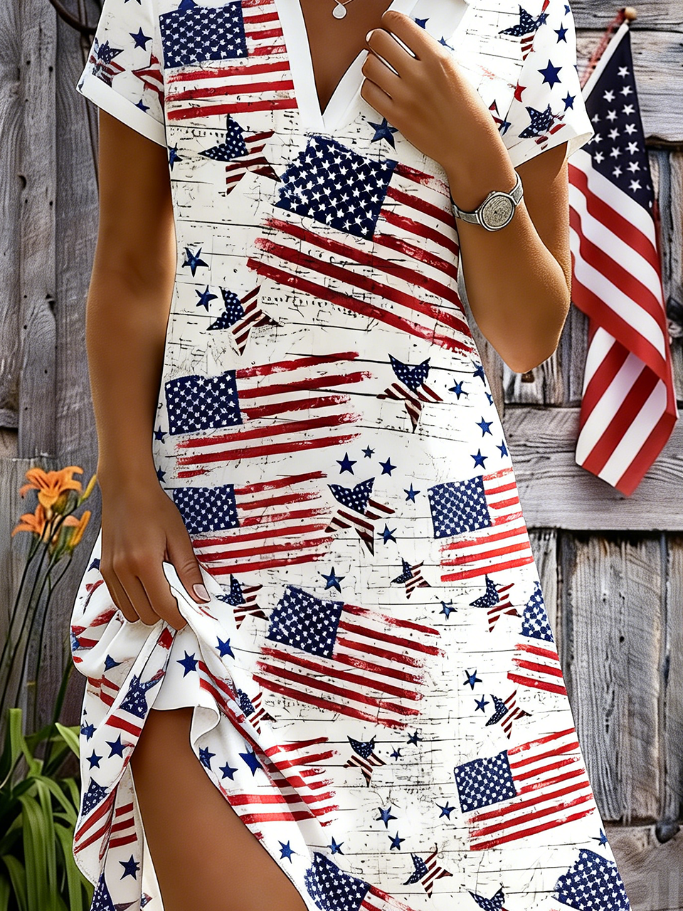 Shawl Collar Casual Independence Day Shirt Dress With No