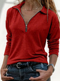 Casual Plain Zipper Polo Collar Blouse
