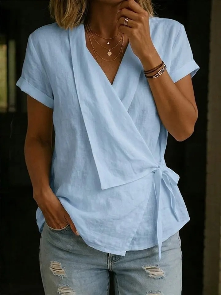 Cotton And Linen Colorful Geometric Printed Wrap Detail V Neck Short Sleeve Irregularly Shaped Hem Casual Blouse