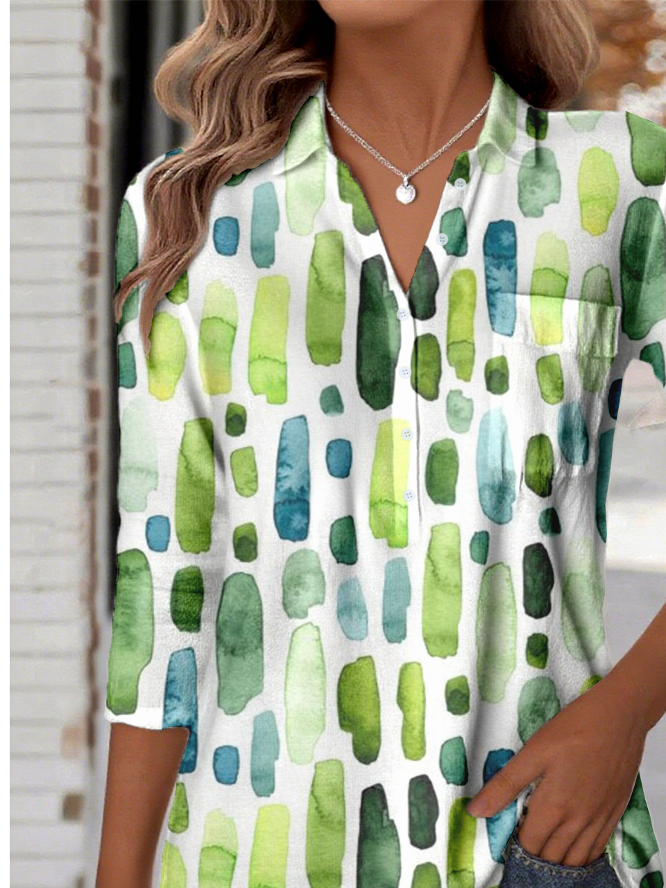 Women's Simple Geometric Pattern Patch Pocket Long Sleeve Shirt Regular Top