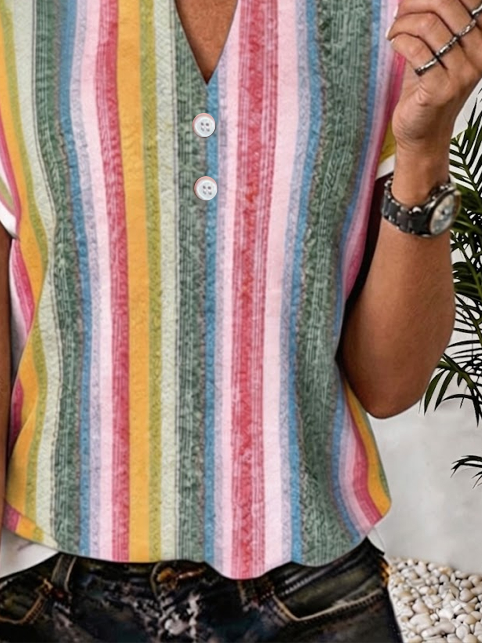 V Neck Loose Elegant Striped T-Shirt