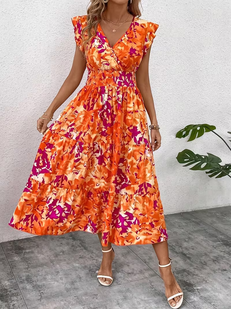 Abstract Foloral Print V Neck Ruffle Sleeve Smock Vacation Summer Going Out Maxi Dress