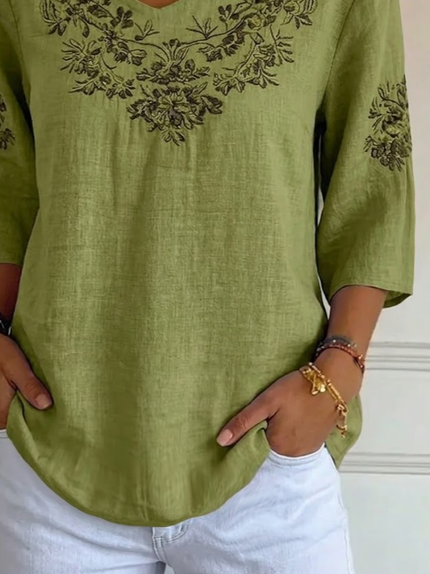 Women's Three Quarter Sleeve T-shirt Spring/Fall Green Floral Printing V Neck Daily Going Out Casual Top