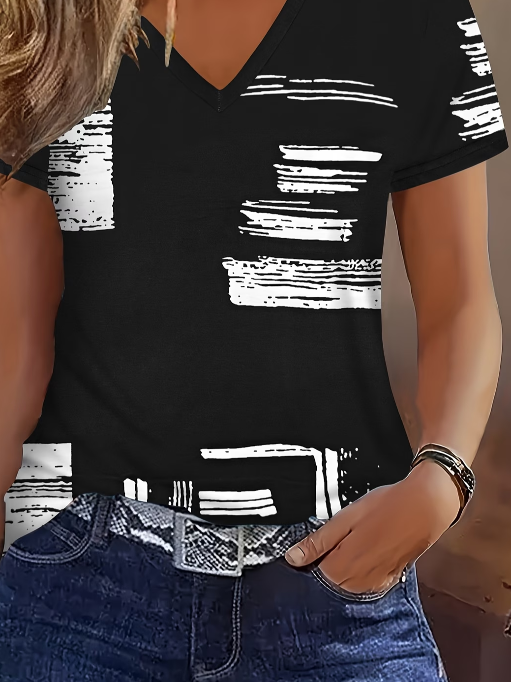 Women's Short Sleeve T-shirt Summer Black Abstract Printing V Neck Holiday Going Out Vintage Top