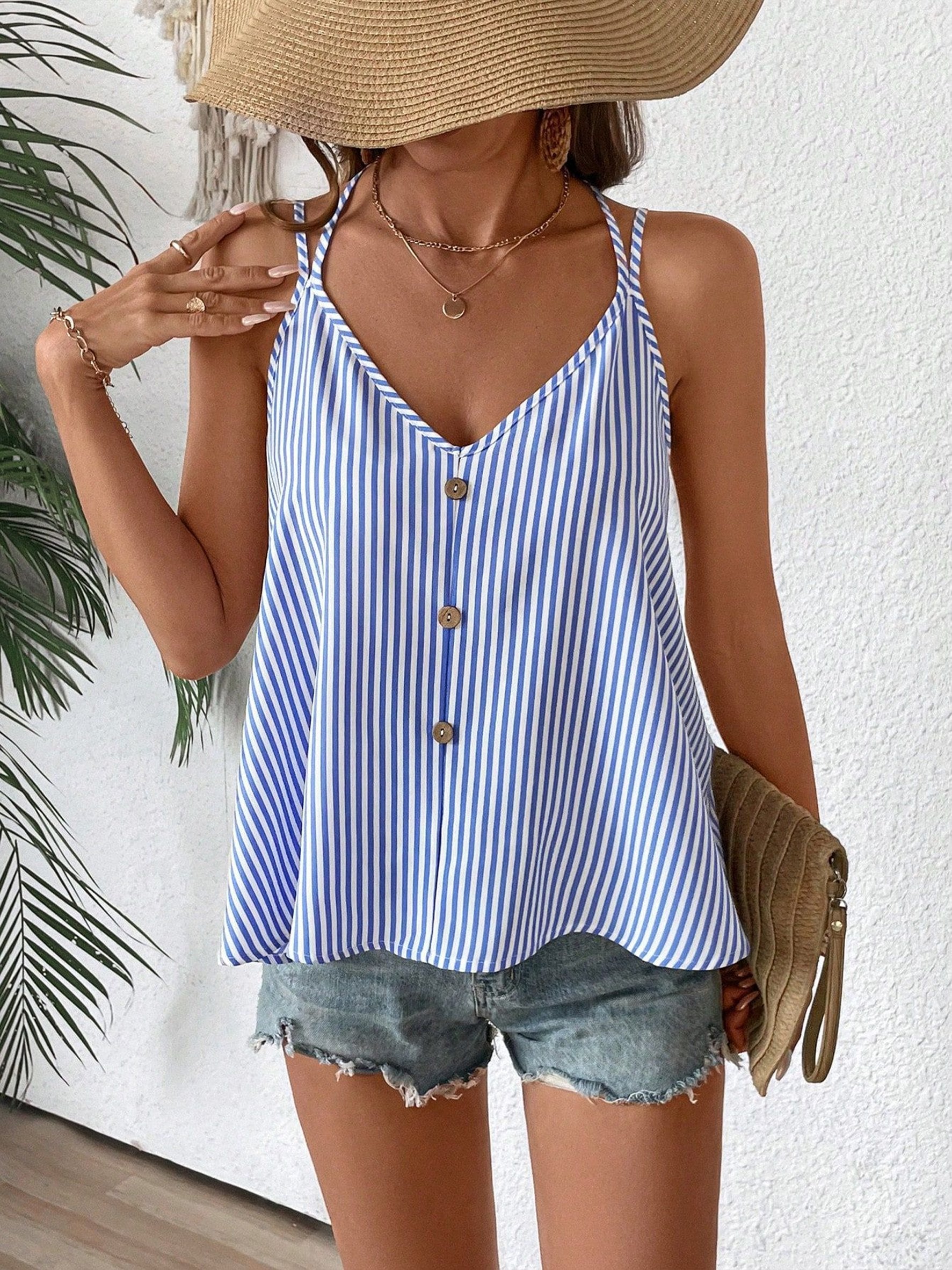 Striped Adjustable Shoulder Strap Decorative Buttons V-Neck Summer Casual Cami Top