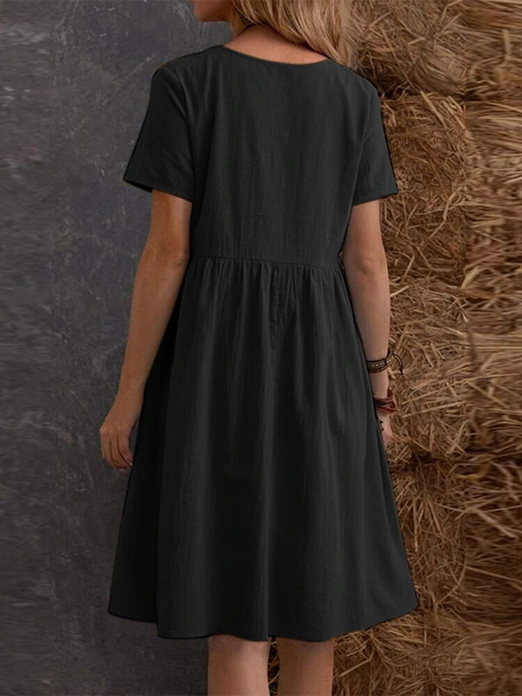 Plain Cotton And Linen Casual Round Neck Short Sleeve Pocket A-Line Hem Dress