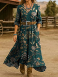 Loose Floral V Neck Vintage Dress With No