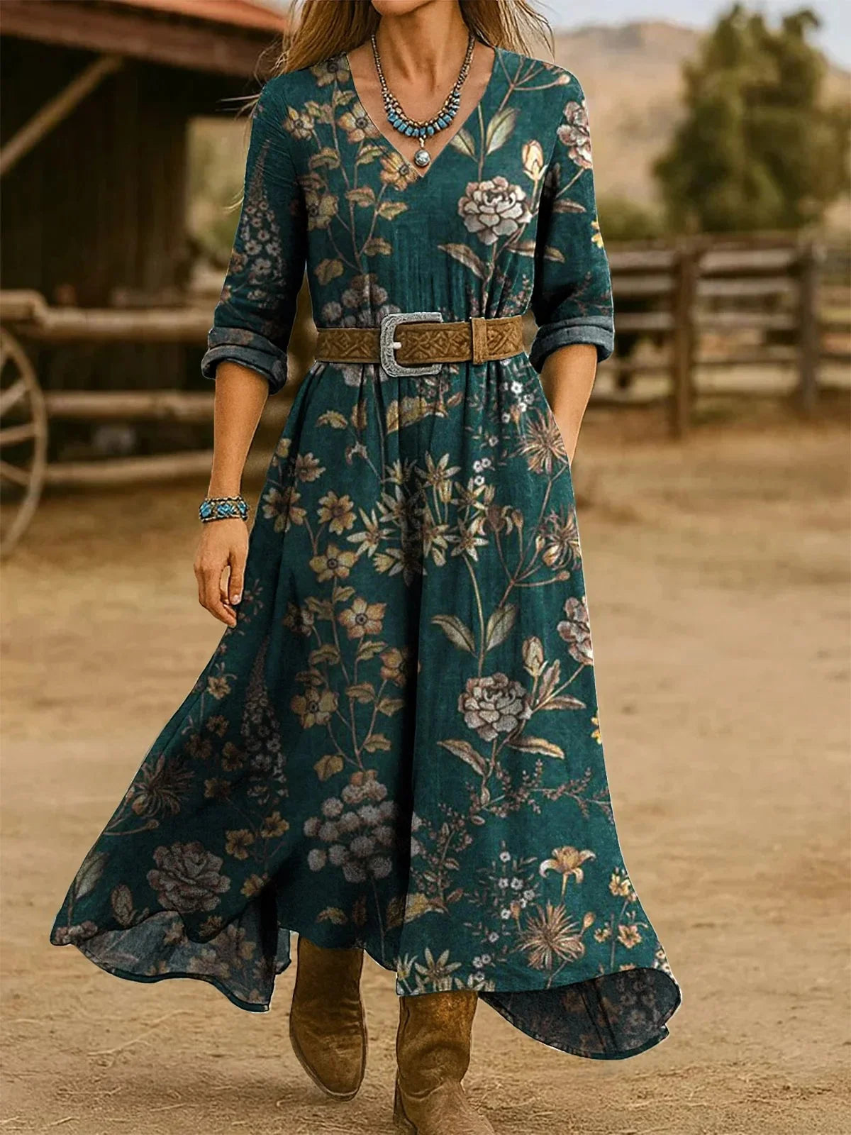 Loose Floral V Neck Vintage Dress With No