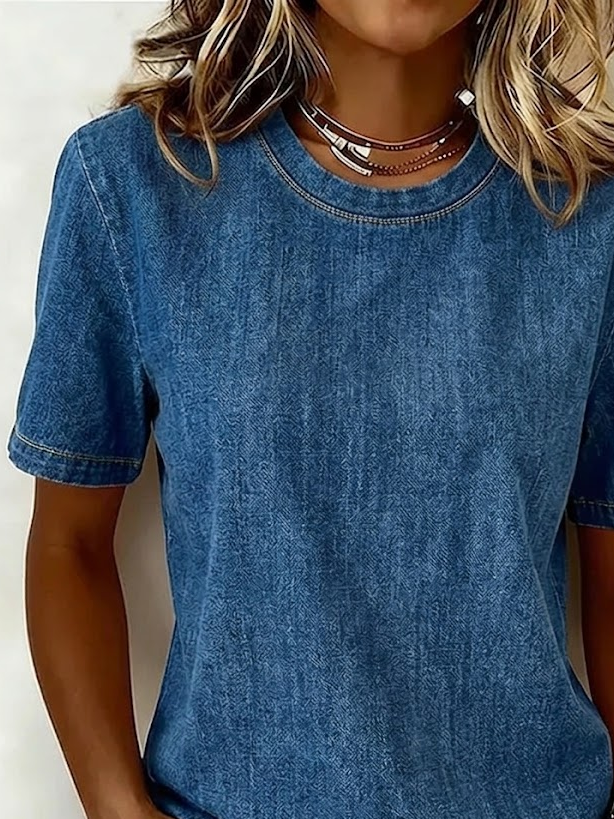 Women's Short Sleeve T-shirt Summer Blue Plain Printing Jersey Crew Neck Daily Going Out Casual Top
