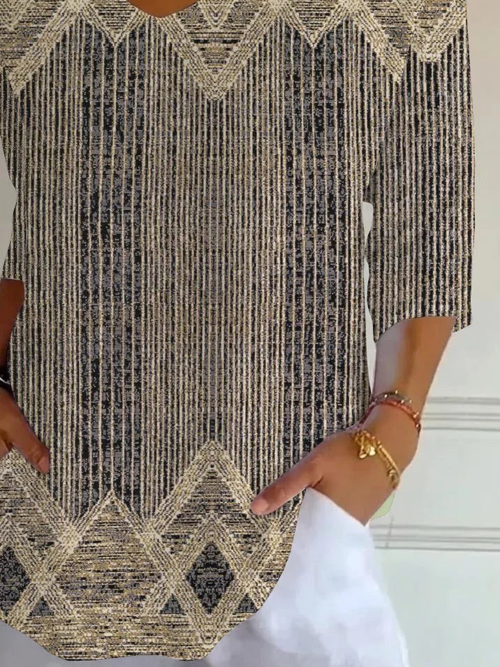 Women's Three Quarter Sleeve T-shirt Spring/Fall Brown Abstract Printing V Neck Daily Going Out Casual Top