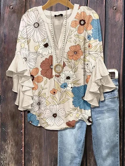 Boho Floral V-Neck Ruffle 3/4 Sleeve blouse