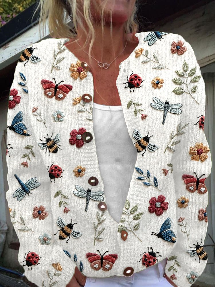 Insect flower embroidery pattern button cardigan