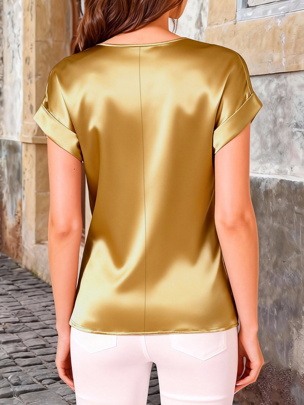 Women's Short Sleeve T-shirt Summer Golden Plain Split Joint Crew Neck Daily Going Out Casual Top