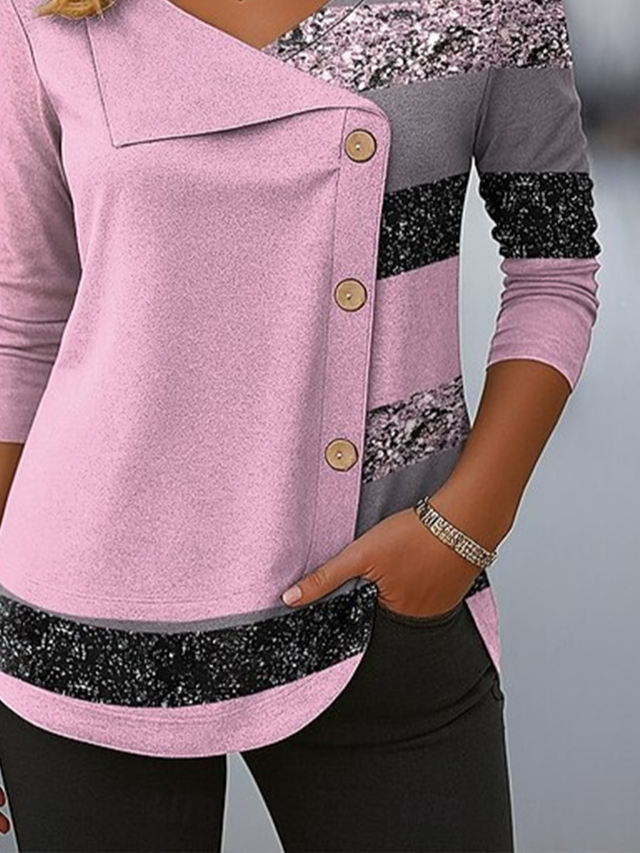 Women's Long Sleeve T-shirt Spring/Fall Pink Abstract Stripes Printing V Neck Daily Going Out Casual Top
