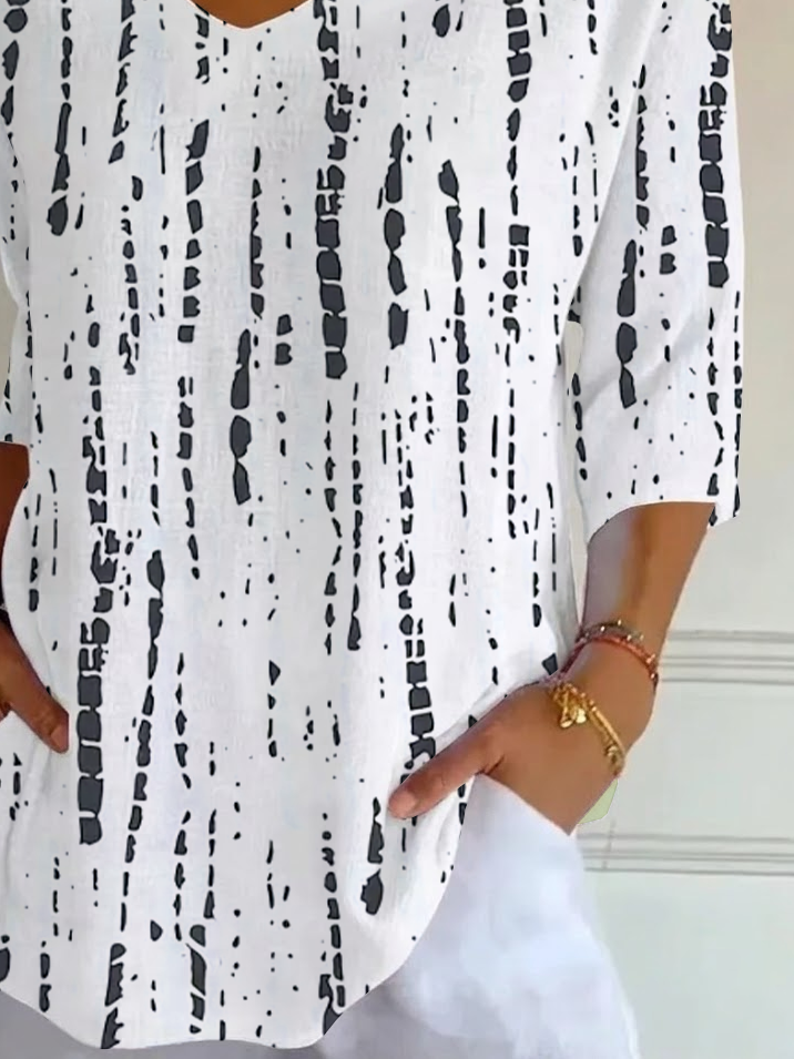Women's Three Quarter Sleeve T-shirt Spring/Fall White Abstract Printing V Neck Daily Going Out Casual Top